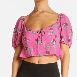 Zara Cropped Short Sleeve Floral Print Smocked Blouse X Large